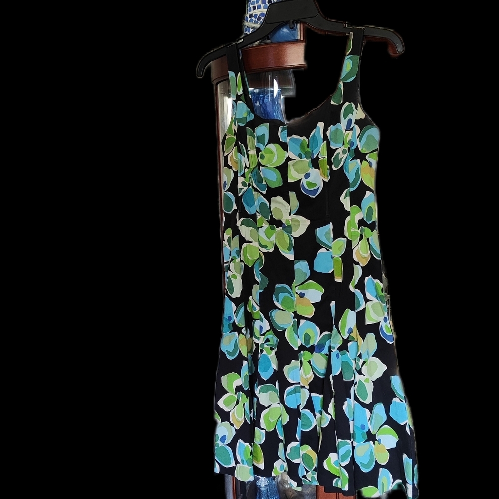 Floral Black Sleeveless A-Line Dress with Blue & Green Print